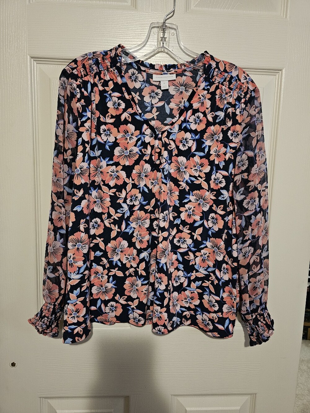 Charter Club Navy Blouse with Coral Floral Print- Sheer Sleeves Sz Lp
